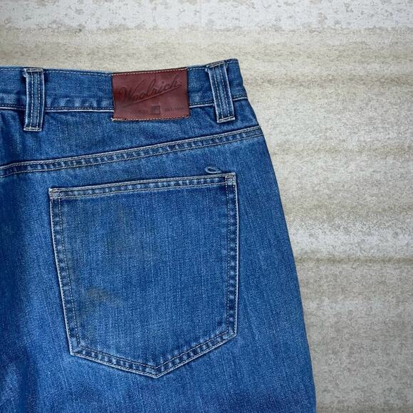 Woolrich Flannel Lined Jeans Medium Wash Work Wear Denim Relaxed Leather Logo - Picture 3 of 5